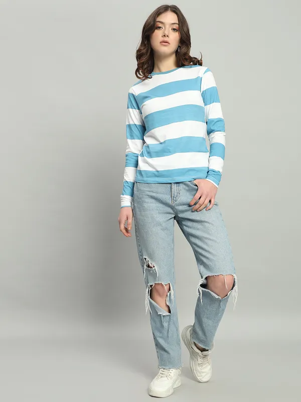 Printed___Round_Neck_Blue,_White_T-Shirt