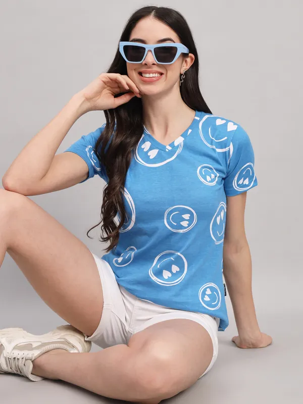 Printed___Round_Neck_Light_Blue_T-Shirt