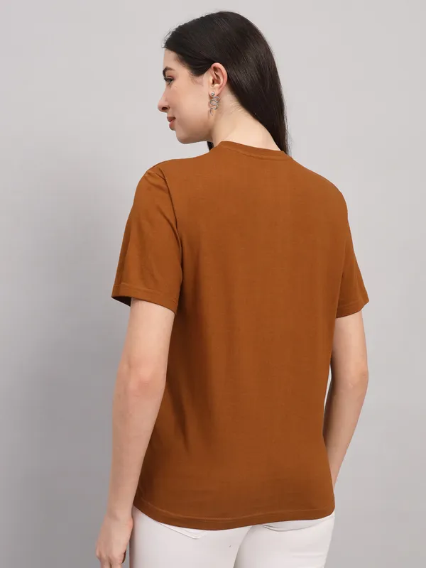 Printed___Round_Neck_Brown_T-Shirt