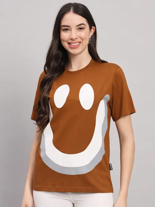 Printed___Round_Neck_Brown_T-Shirt
