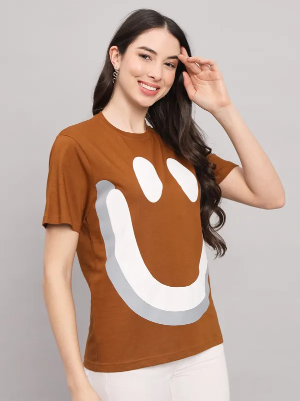 Printed___Round_Neck_Brown_T-Shirt