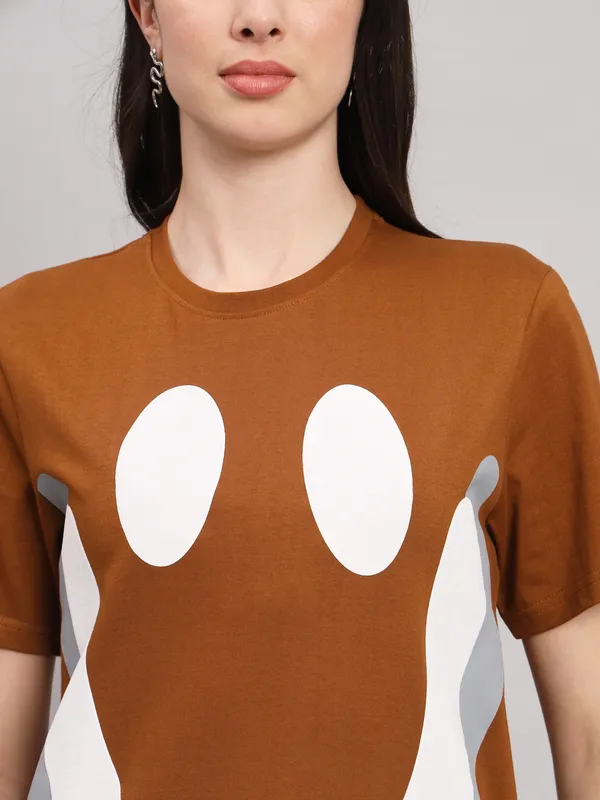 Printed___Round_Neck_Brown_T-Shirt