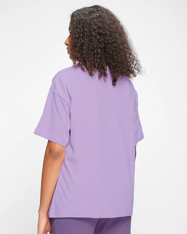 Printed___Round_Neck_Lavender__T-Shirt_With_Anime_Style_Graphic_Print