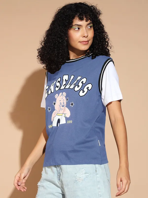 Printed___Round_Neck_Purple_T-Shirt