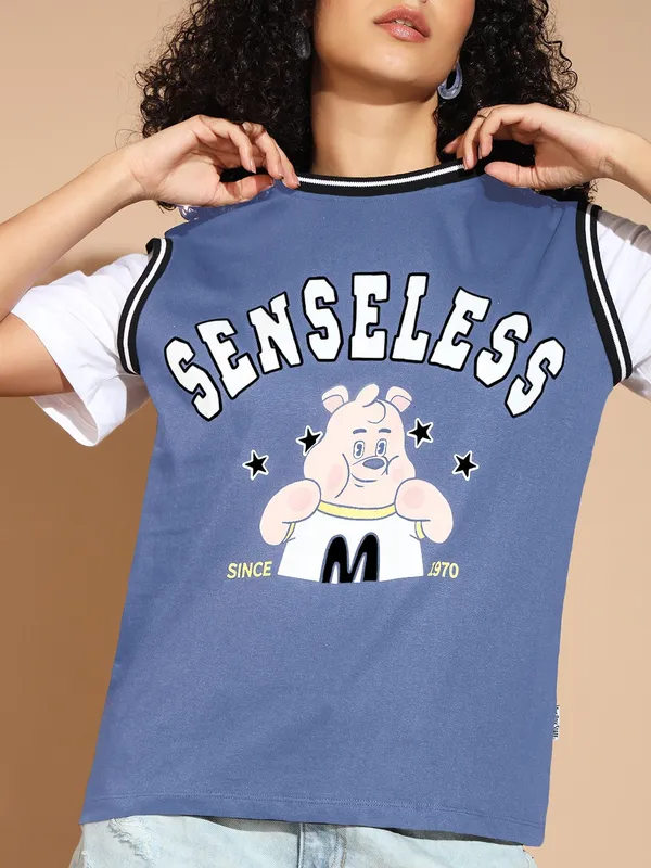 Printed___Round_Neck_Purple_T-Shirt