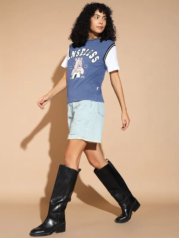 Printed___Round_Neck_Purple_T-Shirt