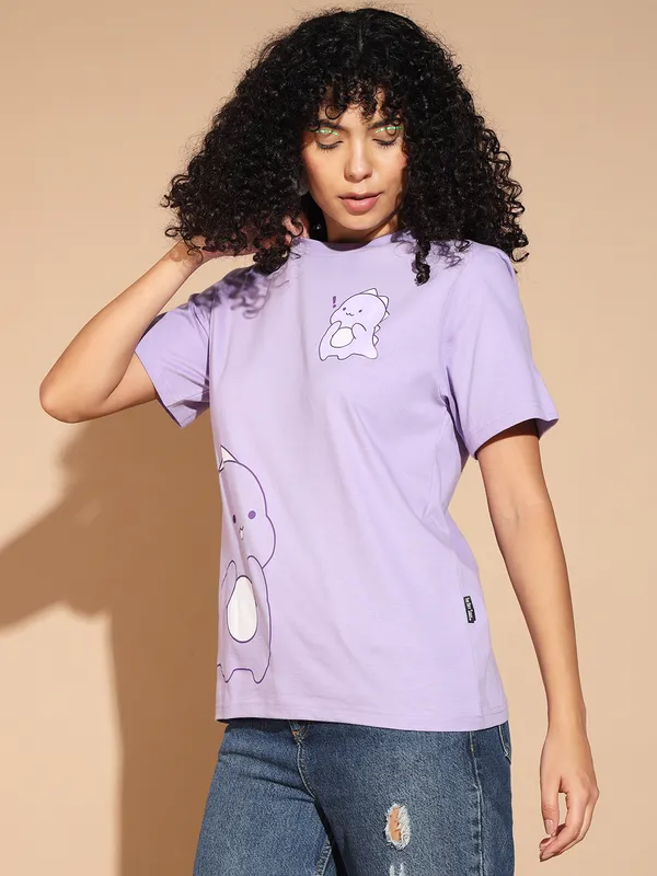 Graphic_Print___Round_Neck_Purple_T-Shirt