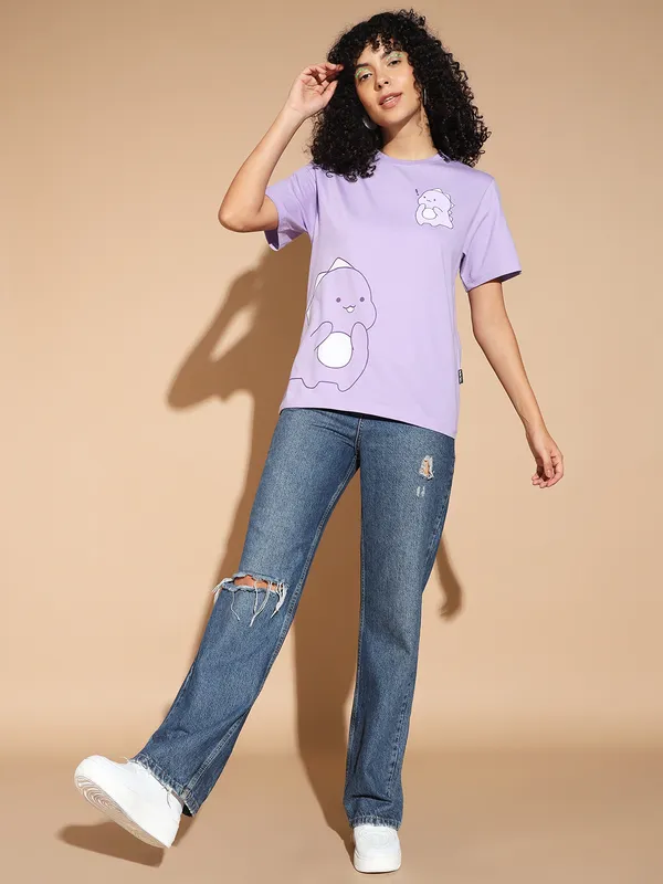 Graphic_Print___Round_Neck_Purple_T-Shirt