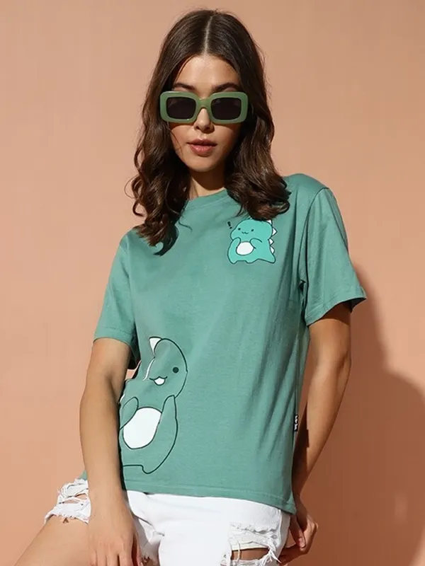 Printed___Round_Neck_Green_T-Shirt