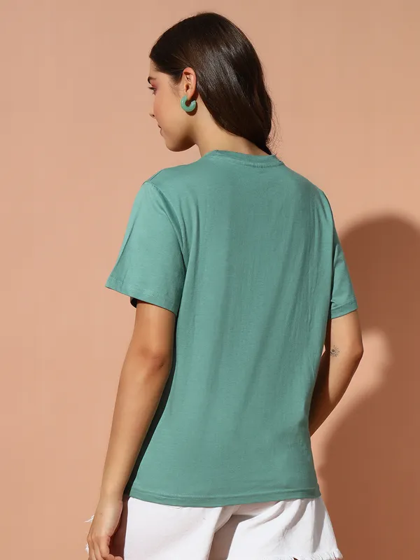 Printed___Round_Neck_Green_T-Shirt