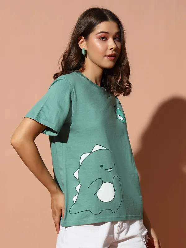 Printed___Round_Neck_Green_T-Shirt