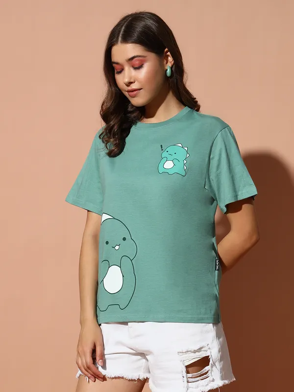 Printed___Round_Neck_Green_T-Shirt
