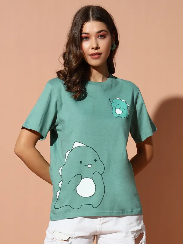 Printed___Round_Neck_Green_T-Shirt