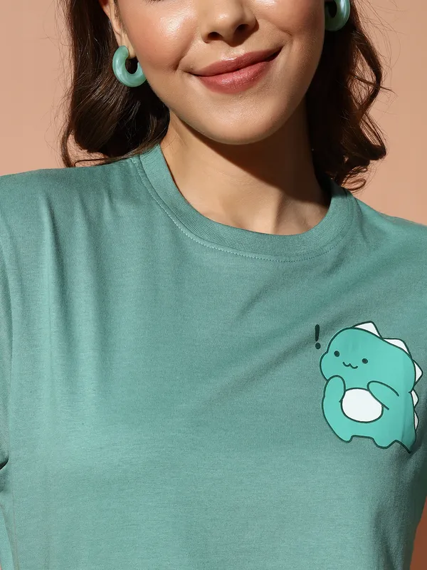 Printed___Round_Neck_Green_T-Shirt