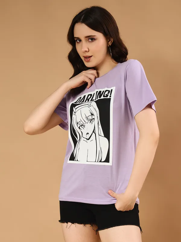 Printed___Round_Neck_Purple_T-Shirt