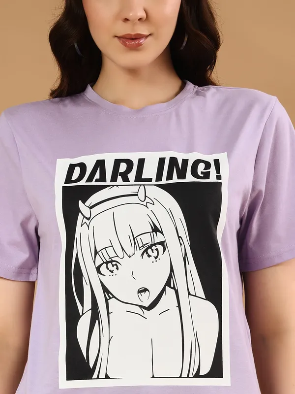 Printed___Round_Neck_Purple_T-Shirt