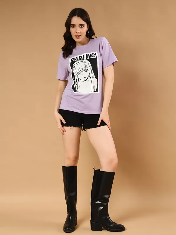 Printed___Round_Neck_Purple_T-Shirt