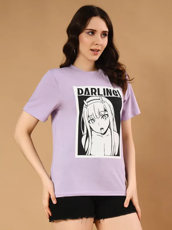 Printed___Round_Neck_Purple_T-Shirt