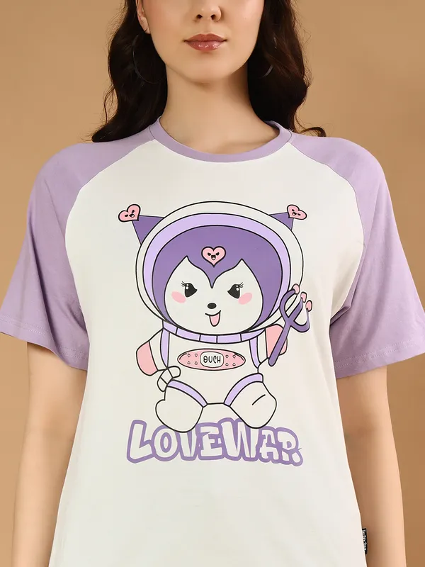 Printed___Round_Neck_Purple,_White_T-Shirt