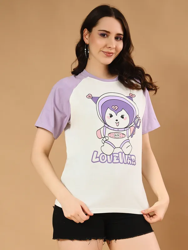Printed___Round_Neck_Purple,_White_T-Shirt