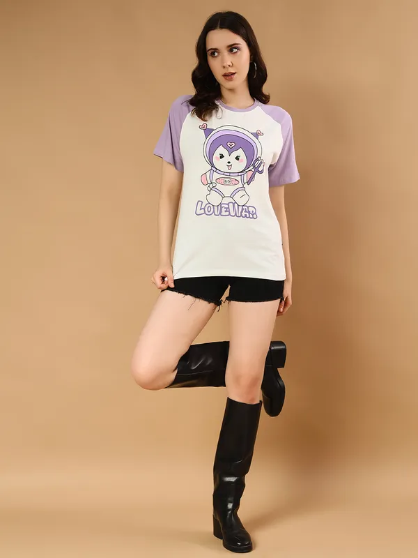 Printed___Round_Neck_Purple,_White_T-Shirt