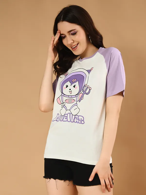 Printed___Round_Neck_Purple,_White_T-Shirt