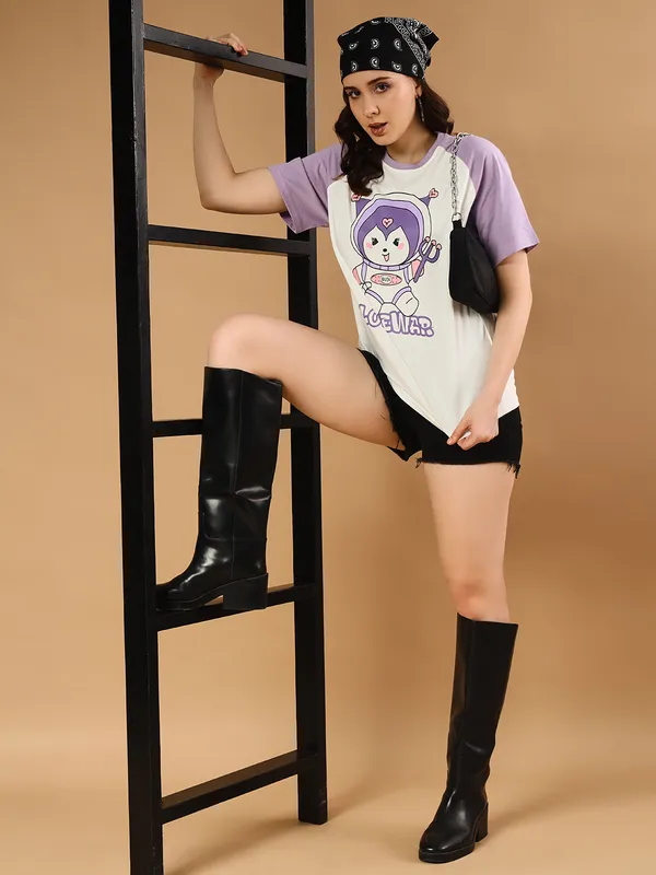 Printed___Round_Neck_Purple,_White_T-Shirt