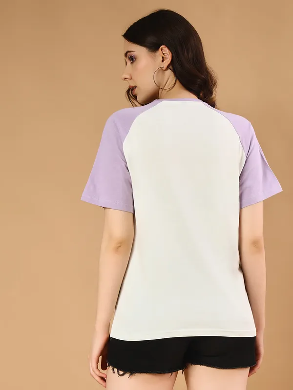 Printed___Round_Neck_Purple,_White_T-Shirt