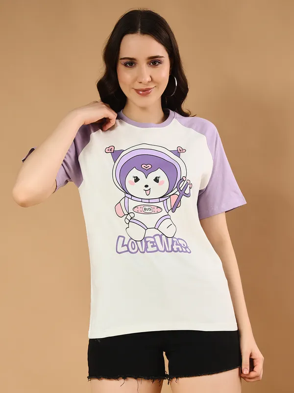 Printed___Round_Neck_Purple,_White_T-Shirt