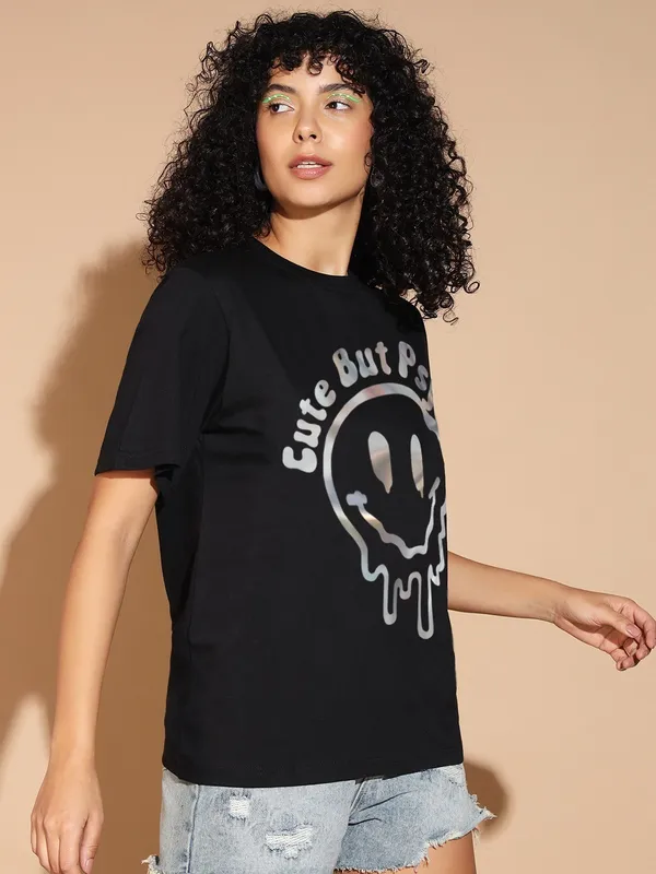 Printed___Round_Neck_Black_T-Shirt