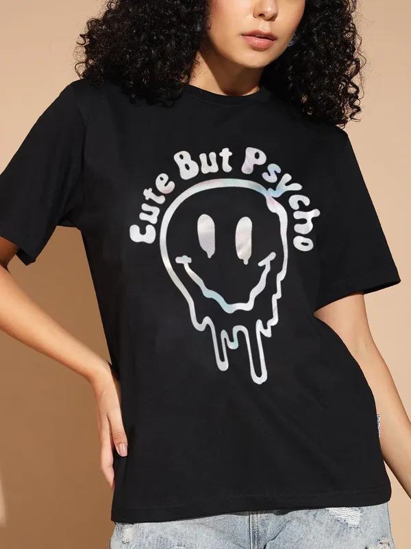 Printed___Round_Neck_Black_T-Shirt
