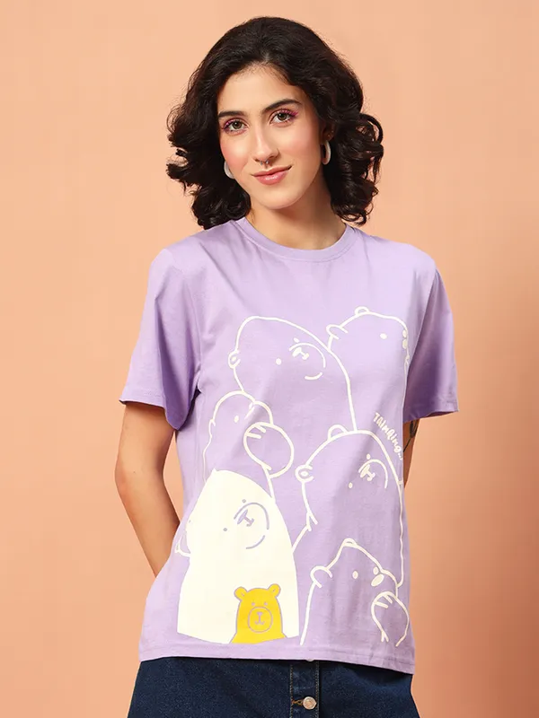 Graphic_Print___Round_Neck_Purple_T-Shirt