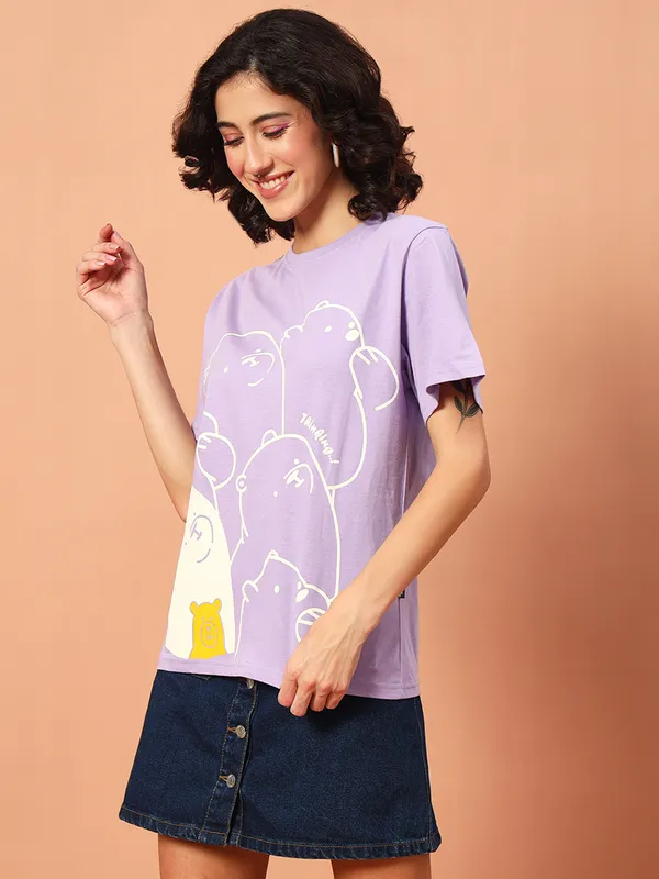 Graphic_Print___Round_Neck_Purple_T-Shirt
