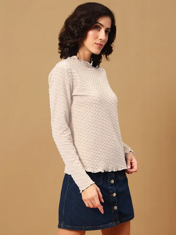 Textured_Full_Sleeve_High_Neck_Beige_Tshirt
