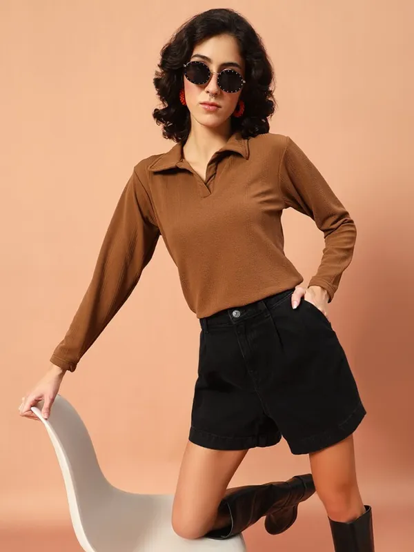 Solid___Polo_Neck_Brown_T-Shirt