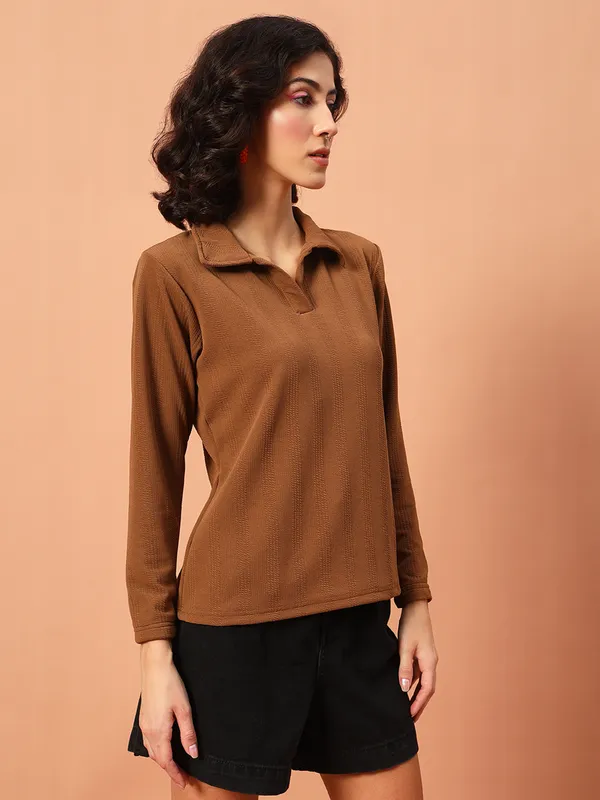Solid___Polo_Neck_Brown_T-Shirt