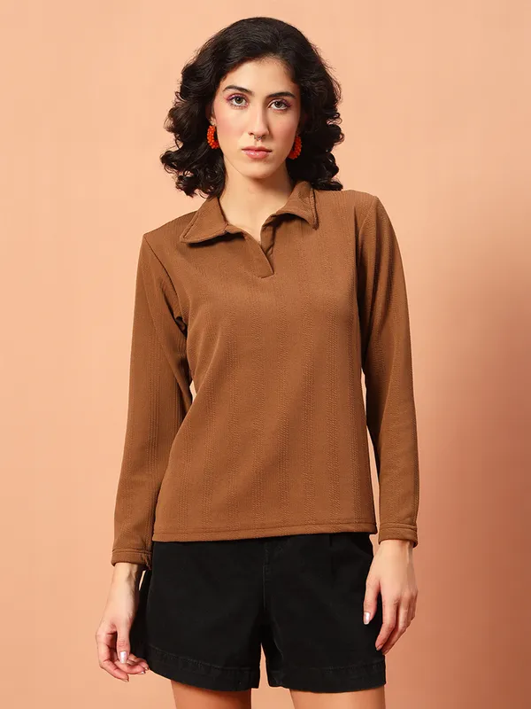 Solid___Polo_Neck_Brown_T-Shirt