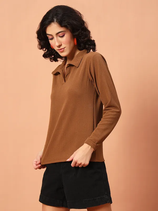 Solid___Polo_Neck_Brown_T-Shirt