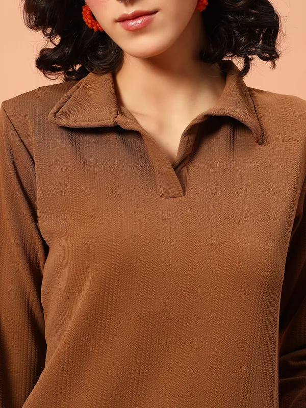 Solid___Polo_Neck_Brown_T-Shirt