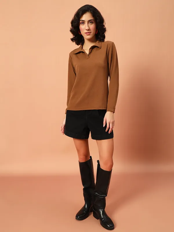 Solid___Polo_Neck_Brown_T-Shirt
