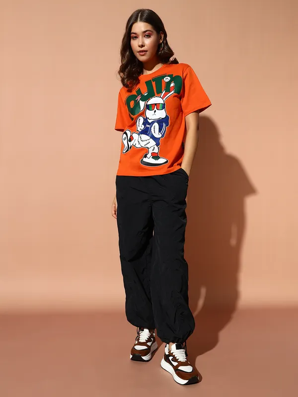 Printed___Round_Neck_Orange_T-Shirt