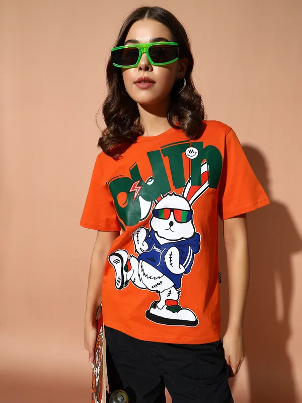 Printed___Round_Neck_Orange_T-Shirt