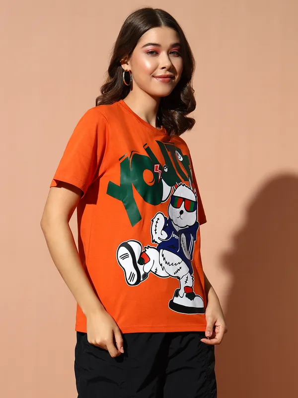 Printed___Round_Neck_Orange_T-Shirt