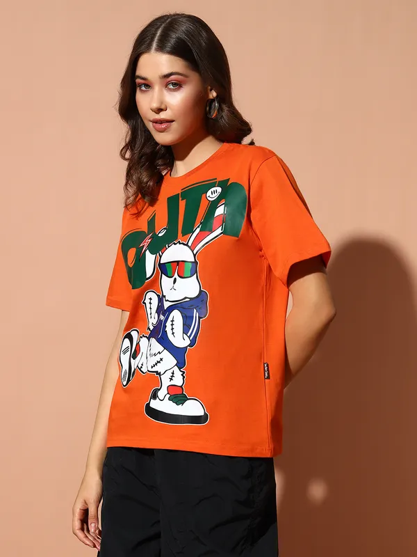 Printed___Round_Neck_Orange_T-Shirt