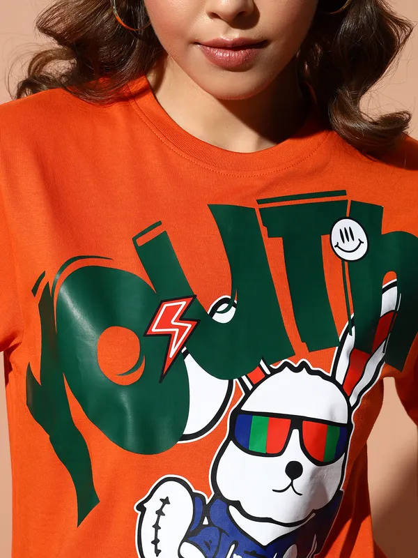 Printed___Round_Neck_Orange_T-Shirt