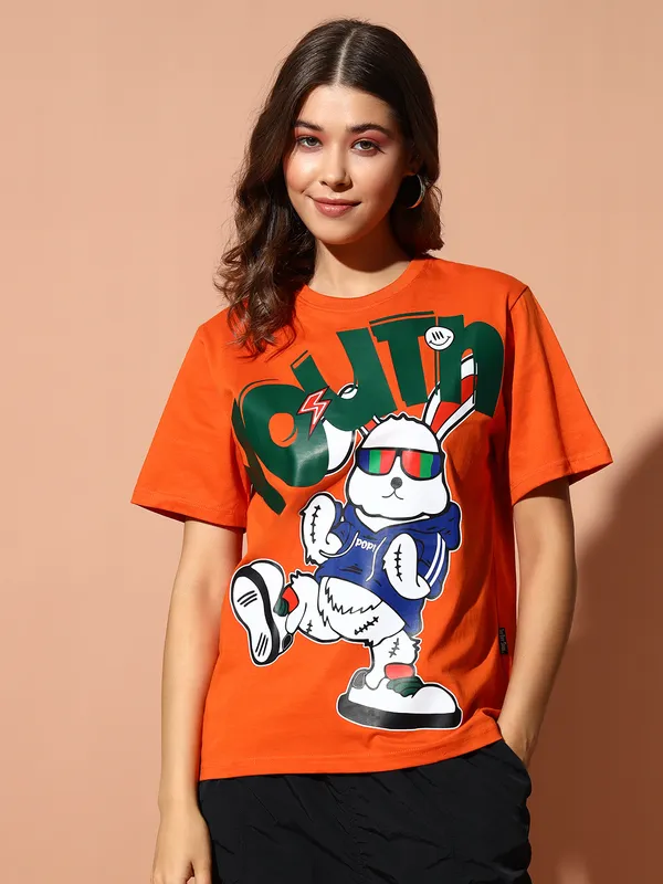 Printed___Round_Neck_Orange_T-Shirt