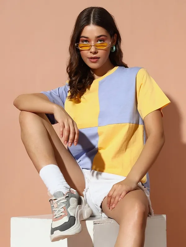 Printed___Round_Neck_Yellow,_Light_Blue_T-Shirt