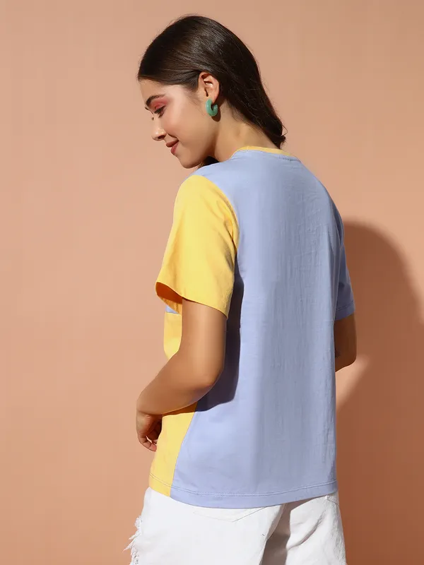 Printed___Round_Neck_Yellow,_Light_Blue_T-Shirt