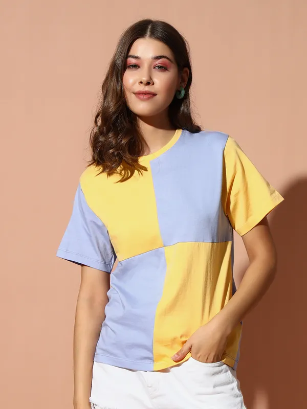 Printed___Round_Neck_Yellow,_Light_Blue_T-Shirt