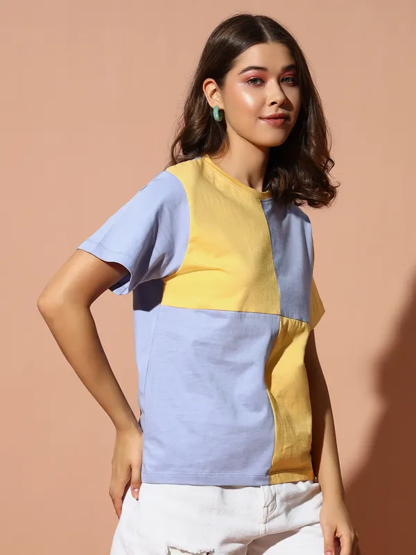 Printed___Round_Neck_Yellow,_Light_Blue_T-Shirt